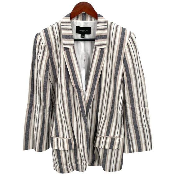 Ann Taylor Striped Linen Long Blazer Jacket 12 - Picture 1 of 7